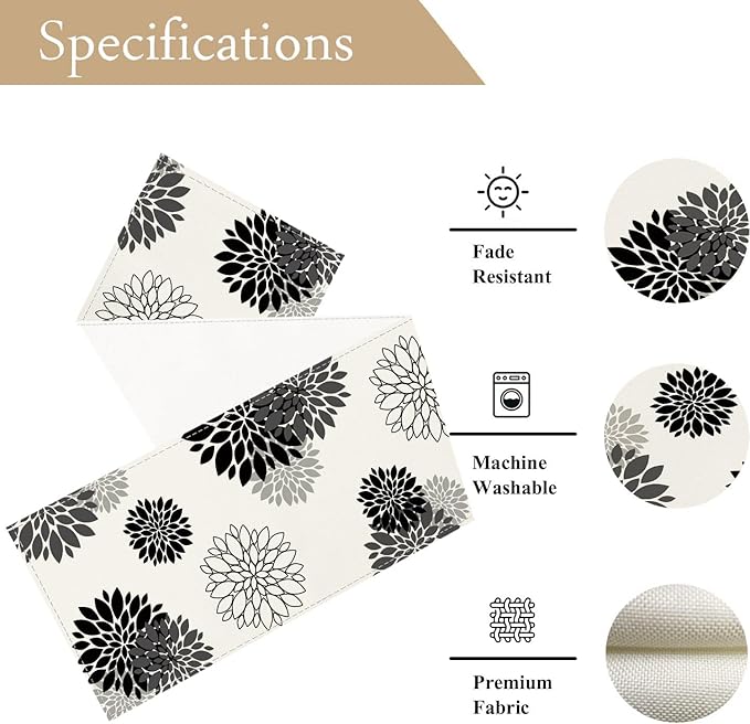 Black Gray Table Runner Dahlia Pinnata Flower Beige Table Runners Modern Elegant Pompon Farmhouse Geometric Coffee Table Center Decor for Home Kitchen Dining Party 13 x 108 Inch