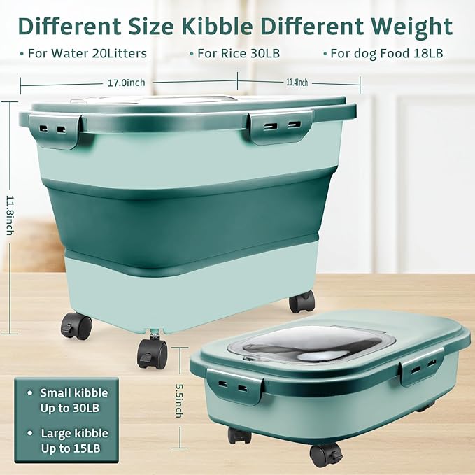 Komzon Rice Storage Containers, Collapsible 20 to 30Lbs Food Storage Bin Dispenser with Rolling Wheel and Clear Airtight Lid, BPA Free Flour, Sugar, Cereal and Dog Cat Pet food Containers