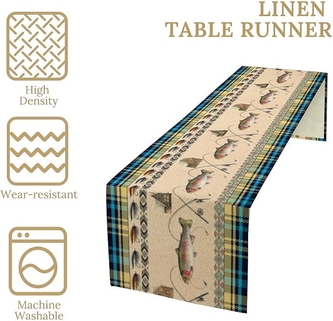 Rustic Cabin Fishing Table Runner Retro Hunting Southwestern Check Blue Art Printed Runner for Home Kitchen Dining Table Living Room Decor Fabric 1 Panel W13xL108in
