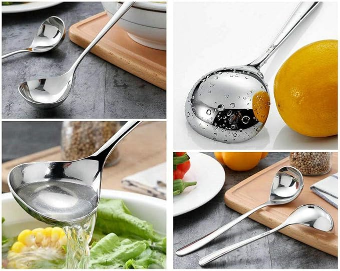 GuDoQi Soup Ladle, 3 Pack Durable 304 Stainless Steel with Polished Titanium Plated Big Volume Soup Spoon, Kitchen Gadget Utensil,8 Inch, Gold