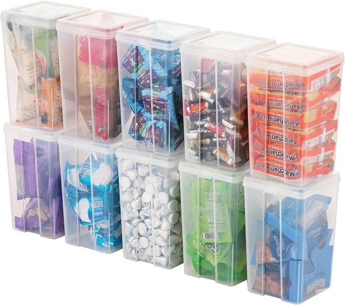 IRIS USA Vertical Plastic Flip Top Storage Containers Bins with Lids for Pantry, Home, Office, Organization, Medium, Stackable Hinged Organizer with Latches, Clear, 10 Pack