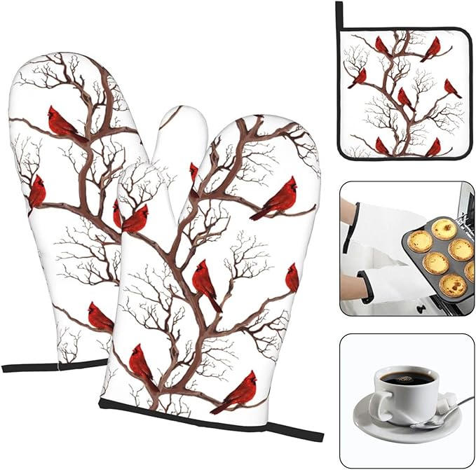 Winter Cardinal Birds Oven Mitts and Pot Holders Sets of 3 Kitchen Hot Pads Oven Gloves Heat Resistant Washable for Cooking Grilling Baking Christmas Holiday Kitchen Decor Cardinal Gifts for Women