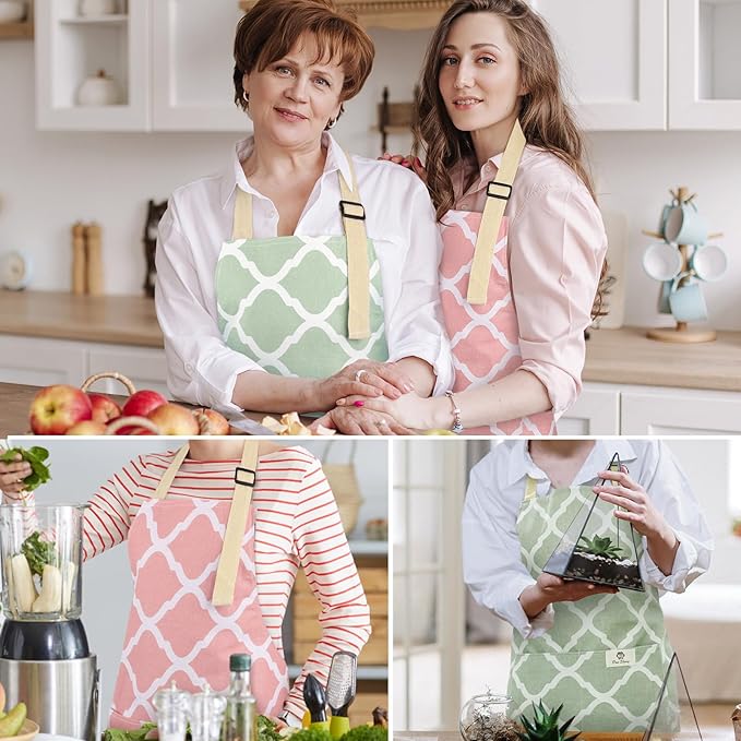 2 Pieces Aprons for Women with Pockets, Cotton Linen Waterproof Kitchen Cooking Aprons, Chef Apronfor Men Women with Adjustable Neck Strap and Long Ties(Pink/Green)