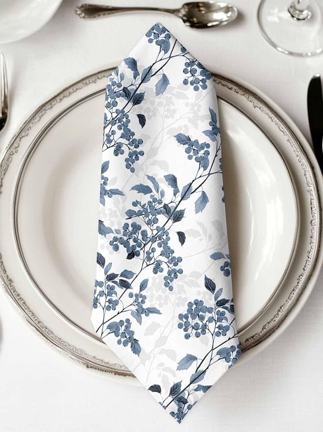 Blue Floral Plant Cloth Napkins Set of 6 - Washable Dinner Napkins Reusable Table Napkins for Home Party Weeding Dining Table Setting Decor,Oversized Grey Modern Minimalist White Floral Spring Summer