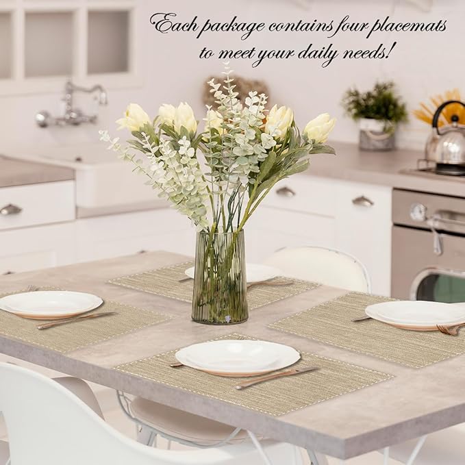 Cream Beige Linen Placemats Set of 4, Cloth Waterproof Washable Heat Resistant Place Mats 12x18 Inch, Table Mat for Outdoor Indoor Home Kitchen Party Dining Decoration-07