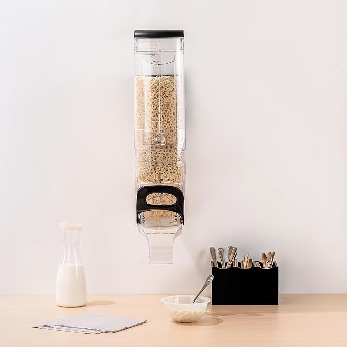 Restaurantware Cereal Dispenser 5 gal Plastic Wall-Mounted Gravity Bin Candy Dispenser Self-Serve Black Dry Food with Wall Mount Brackets for Breakfast Buffet or Hotel Use