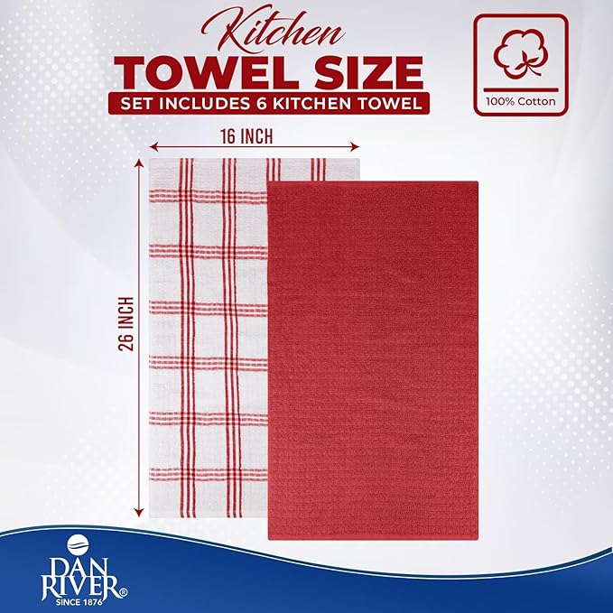 DAN RIVER Premium Kitchen Towels - [Pack of 6] 100% Cotton (16x 26 Inches) -Super Soft,Highly Absorbent, Quick Dry, Dish Towels for Kitchen Towels - Red