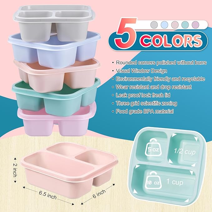 Honeydak 5 Pack Snack Containers 3 Compartment Bento Snack Boxes Divided Meal Prep Containers with Lids Reusable Adults Lunch Food Storage Box for School Work Travel(Macaroon)