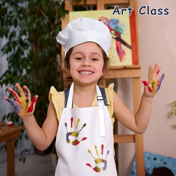 Kids Apron and Chef Hat Set, 40 Pieces Boys Girls Kids Apron with 2 Pockets Adjustable for Cooking Classroom Baking Painting, 6-13 Years, White