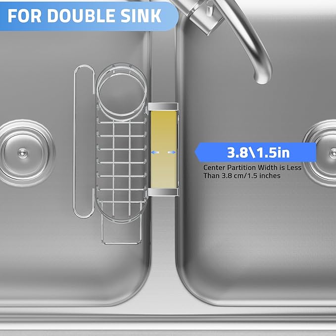 Cisily Silver Kitchen Sink Caddy Sponge Holder in The Sink, Stainless Steel Kitchen Organizer, Brush Holder, Dish Cloth Hanger 2 Installation Ways (Hanging& Adhesives