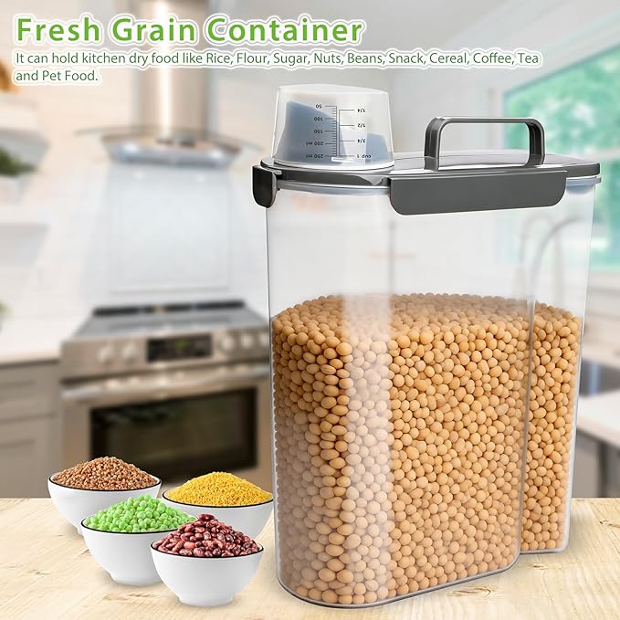 Viretec Rice Storage Container, 10 to 20lb Dry Food Airtight Dispenser, Pet Dog Cat Food Canister, BPA Free Clear Plastic Kitchen and Pantry Bin for Oatmeal, Cereal, Pasta, Flour Pack of 2 Grey