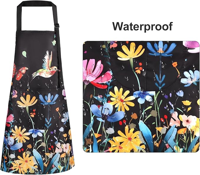 Floral Apron Women, 2 Pack Aprons for Women with Pockets, Waterproof Kitchen Apron Aprons for Cooking, Baking