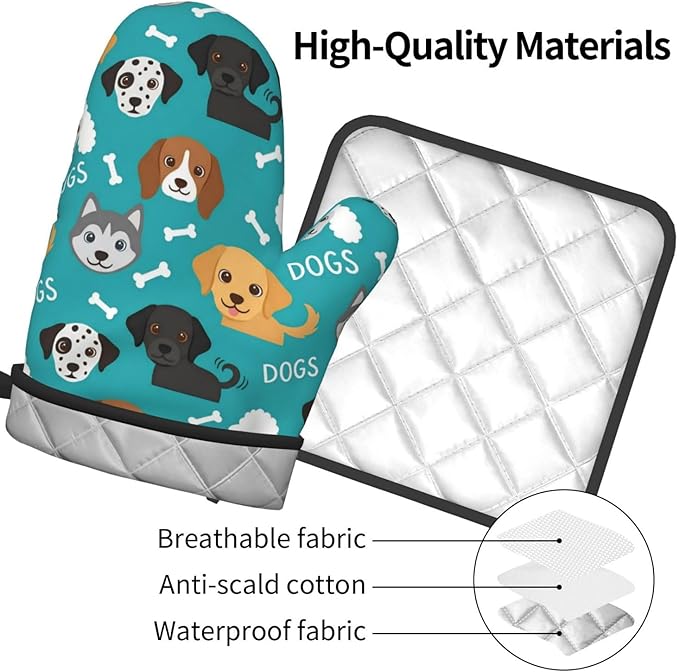 Dogs and Bone Oven Mitts and Pot Holders Green Background Heat Resistant Oven Mitts Safe for Baking Cooking BBQ