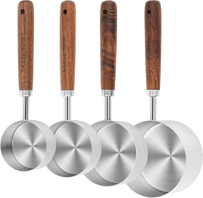 Smithcraft Measuring Cups and Spoons Set 8, 18/8 Stainless Steel Measuring Cups and Spoons Set for Baking and Kitchen, Metric & US Metal Measure Cup & Spoon with Wood Handle for Dry & Liquid