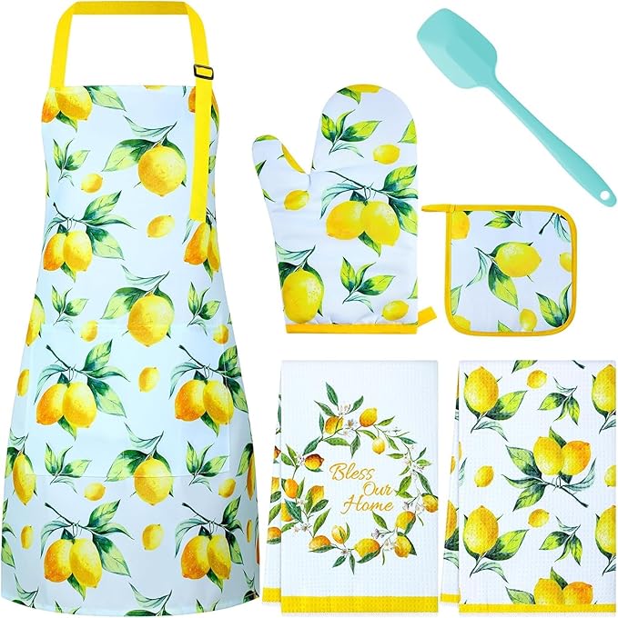 Hoolerry 6 Pcs Lemon Kitchen Accessories for Women Lemon Apron Dish Towels Oven Mitts and Pot Holders with Spatula for Women Wife Grandma Cooking Baking Gifts