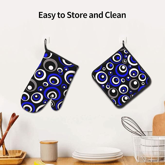 3 - Piece Blue Black White Retro Circular Oven Mitts & Pot Holders Sets, Modern Abstract Art Blue Oven Gloves Heat Resistant for Home Cooking Baking, Cooking, Kitchen Decor & Gift for Culinary Women