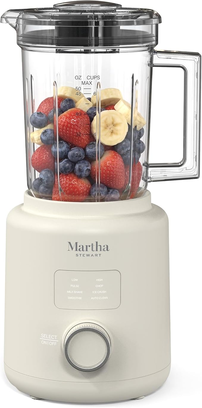 Martha Stewart Countertop Blender, 50oz Jar, 6 Stainless Steel Blades 3 Speeds & 5 Presets, Auto Clean, Smoothies, Crush Ice, Shakes, Chop, Margarita, Measurement Markings, 700W, Linen Cream