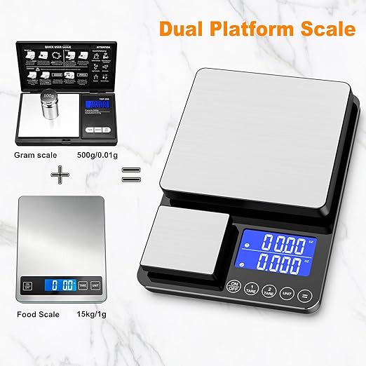 KKZ 0.001oz/33lb Kitchen Scale, Dual Platform Food Scale Grams and Ounces Rechargeable for Weight Loss Baking Cooking Meal Prep Sourdough Bread, Stainlesl Steel