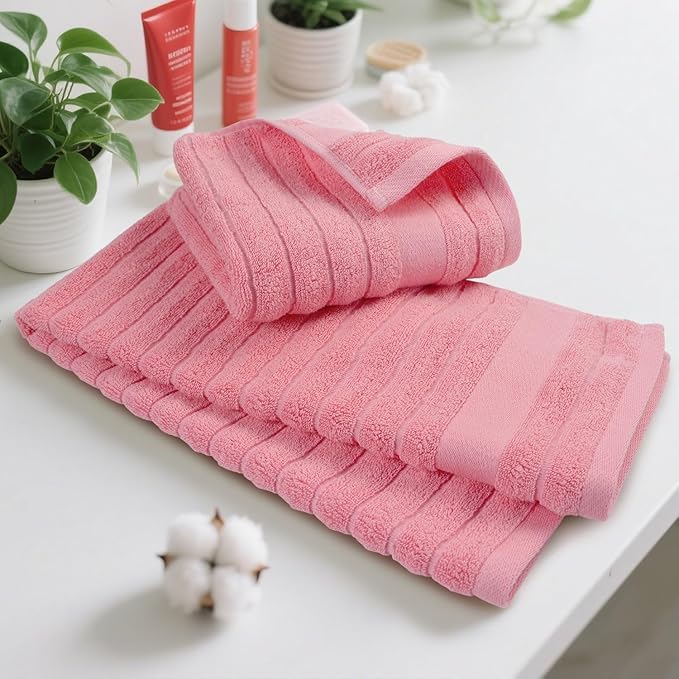 Jacquotha 2-Pack Hand Towels for Bathroom (Pink) Ribbed – Cotton Face Towel for Women Girls, 13” x 29”, Soft and Quick Drying 480 GSM