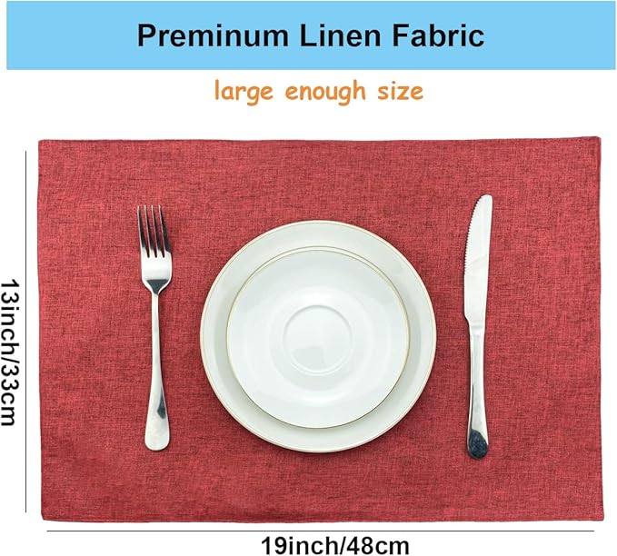 Weabetfu Cloth Placemats Set of 4 Heat Resistant Dining Table Placemmats Cotton Linen Machine Washable Kitchen Table Mats Wrinkle Free Thick Fabric Place Mat,Easy to Clean,13"x19" Burgundy