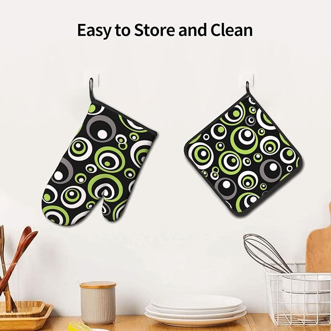 Black Green Retro - Geometric Oven Mitts and Pot Holders Set of 3, Non-Slip Heat Resistant Green and Black White Circle Pattern Kitchen Gloves for Cooking Baking Grilling, Gift for Women, Home Decor