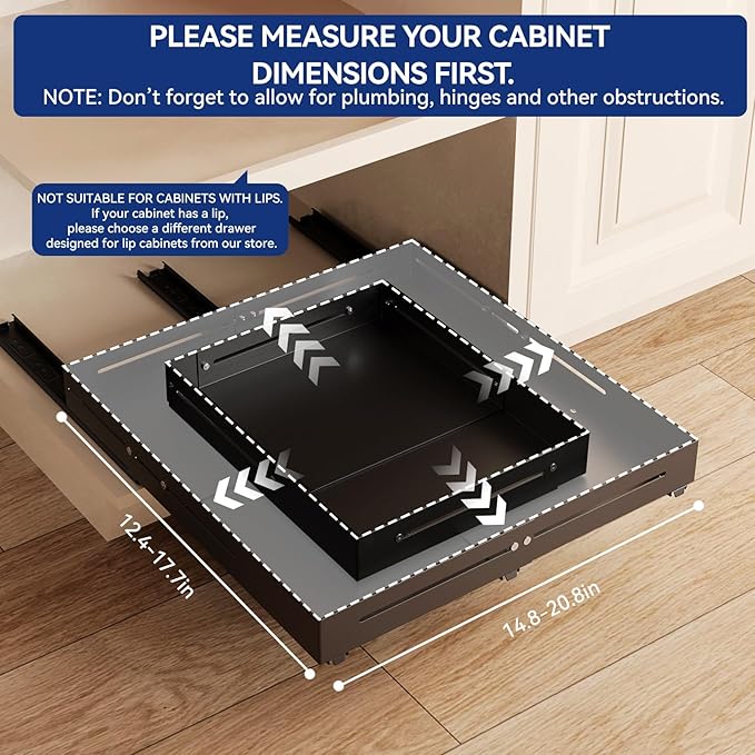 Pull out Cabinet Organizer, Full Metal Expandable Width (14.8"-20.8") & Depth (12.4"-17.7") Adjustable Slide out Drawers, No Drill Adhesive Roll out Shelves for Kitchen Pantry, Black