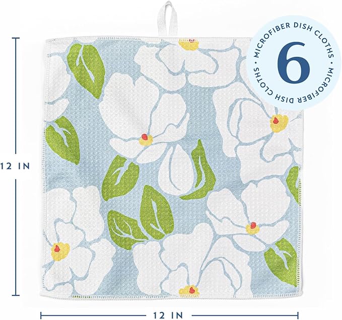 ELYN Microfiber Kitchen Dish Cloth Set, Quick-Dry & Absorbent Waffle Weave Cleaning Towels, Set of 6 Wash Cloths, Paper Towels & Sponge Alternative (Magnolias & Stripe)