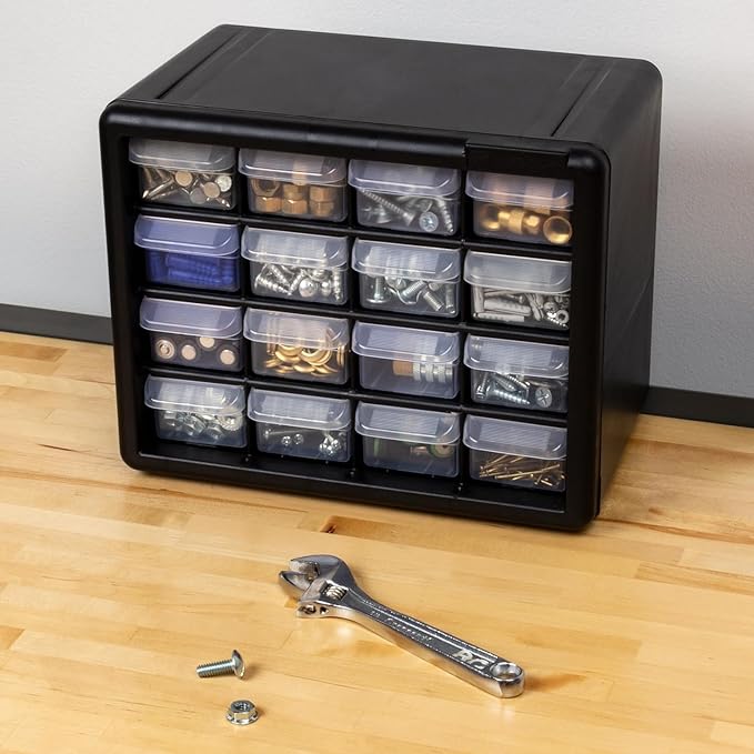 Akro-Mils 16-Drawer Plastic Drawer Storage Cabinet for Garage Organization, Beads, Makeup Organizer, Building Bricks Storage, Teacher Toolbox, 10-1/2" W x 6-1/2" D x 8-1/2" H, 10716 Black