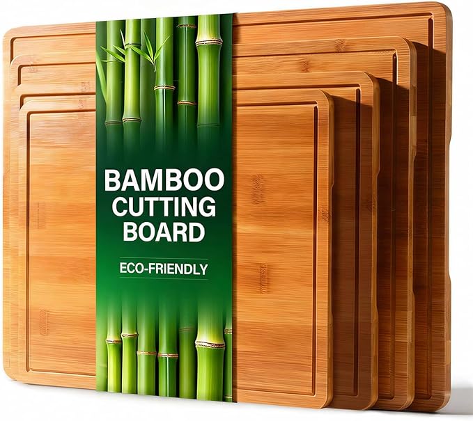 Zarler Bamboo Cutting Boards for Kitchen, 4 Piece Durable Wood Cutting Board with Juice Grooves and Handles, Wooden Chopping Board Set for Meal Prep, 500℉ Carbonized Bamboo, Ideal Kitchen Gift