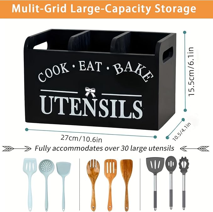 Utensil Holder,Wooden Utensil Holder for Kitchen Counter, Cooking Utensil Organizer with 3 Compartments,Utensil Crock for Silverware Spoon Spatula