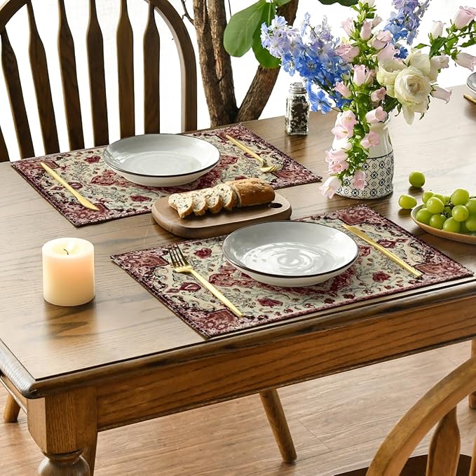 Artoid Mode Boho Bohemia Style Red Beige Placemats Set of 4, 12x18 Inch Country Rustic Farmhouse Magical Fall Table Mats for Party Kitchen Dining Decoration