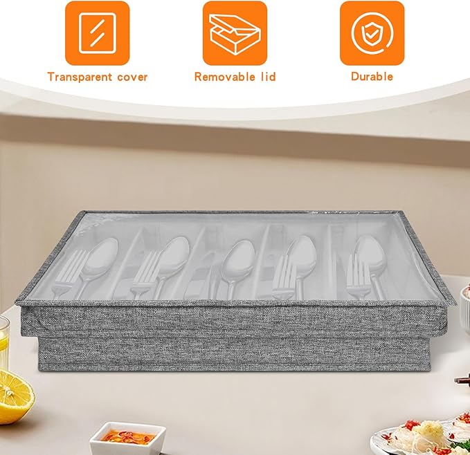 Grekos Flatware Utensil Storage Case, Silverware Storage Box with 4 Adjustable Dividers and Removable Lid, Cutlery Case Utensil with 5 Compartment Storage for Spoon Fork Knives Tableware (Gray)