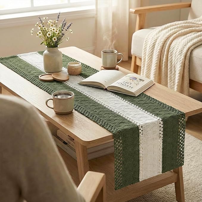 Artoid Mode Army Green Farmhouse Rustic Table Runner, Seasonal Hollow Kitchen Dining Table Decoration for Home Party Decor 12x120 Inch