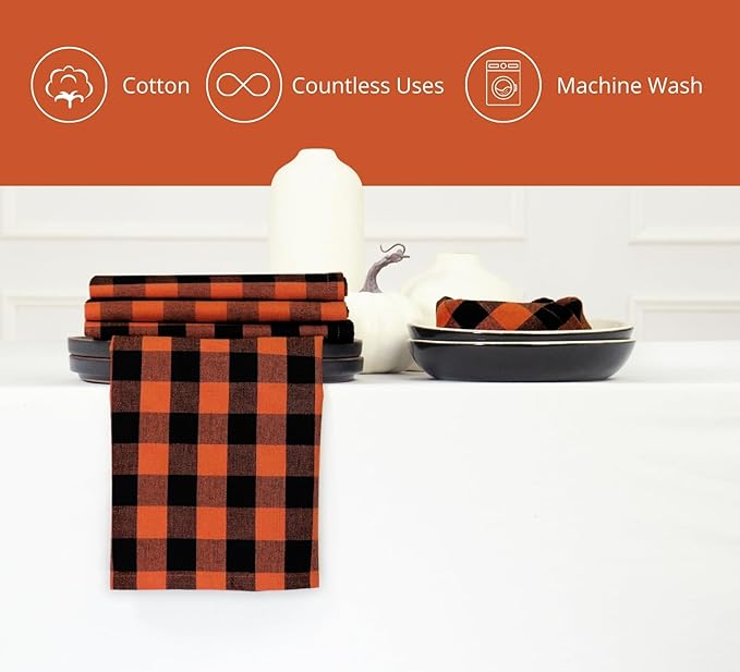 PurpleEssences Buffalo Plaid Cloth Napkins - Mitered Corners - Spring Easter Summer - Gingham Check Dinner Napkin - Set of 12-100% Cotton - 18x18 Inch - Reusable Washable - Orange and Black