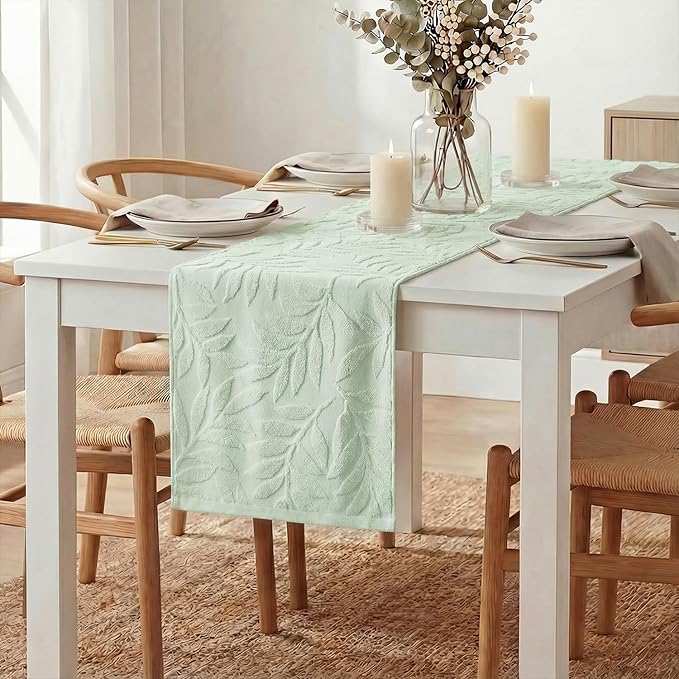 Artoid Mode Sage Green Soft Cotton Jacquard Leaves Spring Table Runner, Holiday Kitchen Dining Table Decoration for Home Party Decor 13x72 Inch