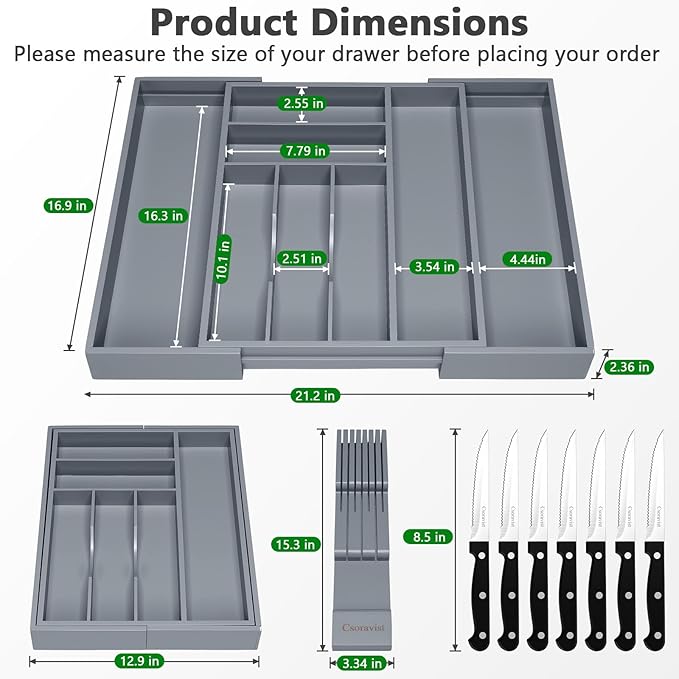 9-Piece Bamboo Kitchen Drawer Organizer Set, Expandable Silverware &Utensil Organizer with Removable Knife Block & Steak Knives, Flatware Organization, Tableware Dividers Storage(Gray)
