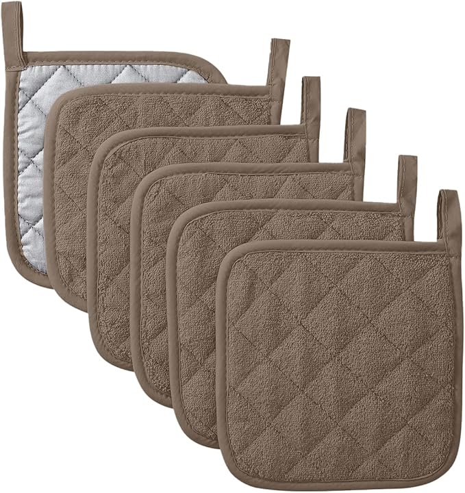 Kitchen Pot Holders Set Heat Resistant Pure Cotton Potholders Kit Trivets Large Coasters Hot Pads Terry Pot Holders for Everyday Cooking and Baking by 7 x 7 Inch Set of 6 (Brown)