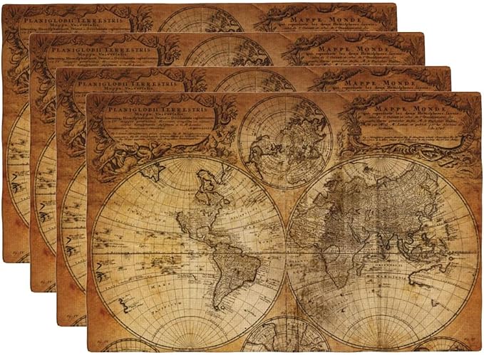Vintage World Map Placemats Set of 4 Old Paper Linen Washable Retro Style Placemat Kitchen Dining Heat-Resistant Nostalgic Historical Place Mats Desktop Decor Table Mats 12x18 Inch