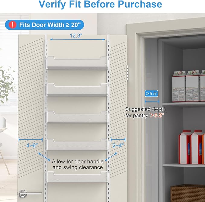 VyGrow 12.3" W Narrow Over the Door Pantry Organizer, 8-Tier Over the Door Organizer with Adjustable Basket, Pantry Door Organization for Pantry Kitchen Storage Room Spice Rack, White
