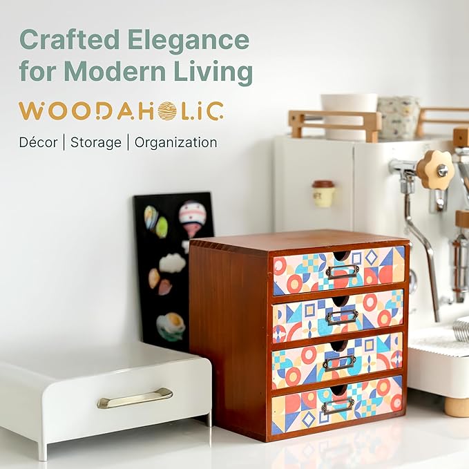Add Color To Your Desk - MCM Geometric Wooden Desk Organizer - Desktop Storage with 4-Drawer - Wood Cabinet for Office Supplies, Craft Tools, & Home, Countertop, Tabletop Organization