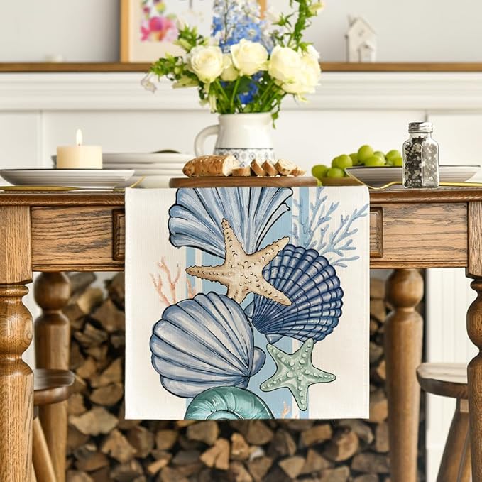 Artoid Mode Sea Shell Starfish Summer Table Runner, Seasonal Spring Ocean Kitchen Dining Table Decoration for Home Party Decor 13x60 Inch