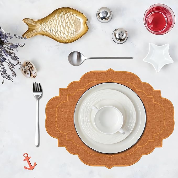 Cotton Linen Oval Placemats Set of 4, HADEEONG Table Mats Cloth Placemats, Washable Wrinkle Resistance, Scalloped & Embroidered Fabric Placemats, 17.71 x 13.77inch (Orange, 4)