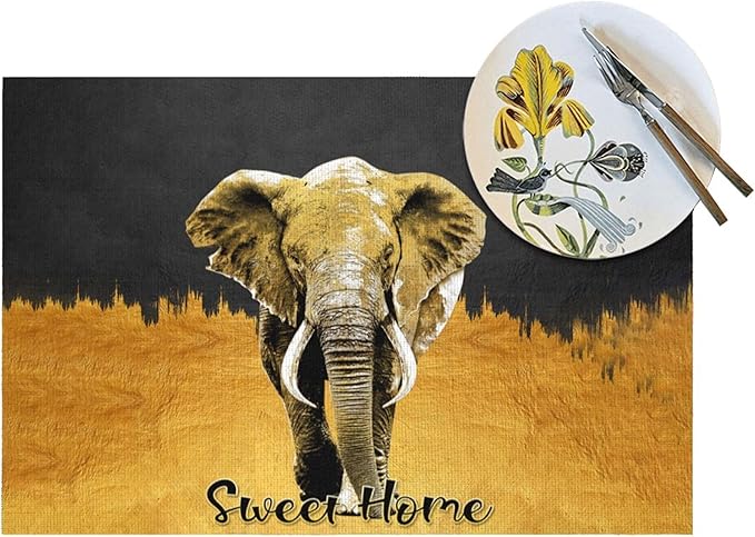 Elephant Placemats Set of 4, Black Gold Table Mats for Dining Table, Heat Resistant Washable Linen Place Mats for Home Party Kitchen Decoration 12"x18"