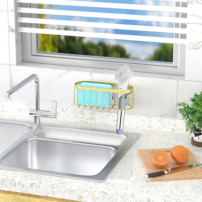 Yazoni 2-in-1 Sponge Holder for Kitchen Sink, Sink Caddy Kitchen Sink Organizer with 3 Suction Cups, No Drill Rustproof Sink Sponge Holder for Dish Brush, Soap & Sponge (Gold)