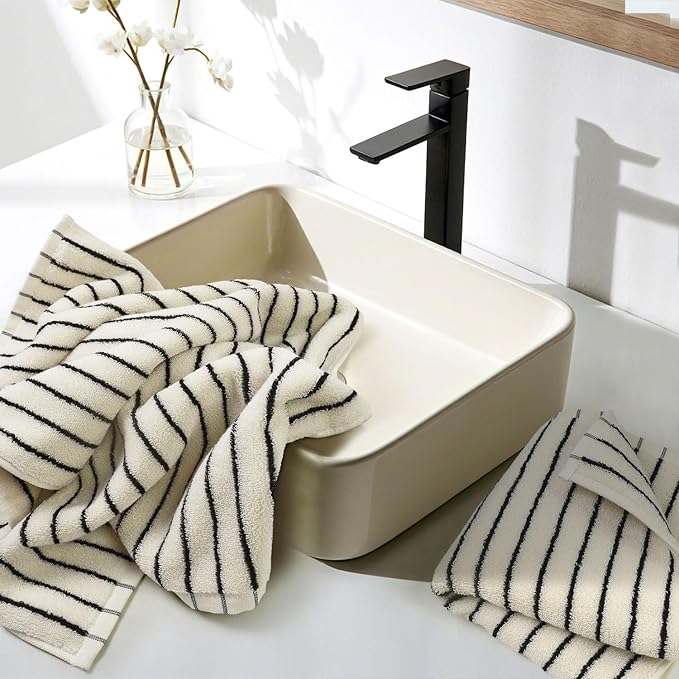 Jacquotha Black and White Striped Hand Towels for Bathroom, Vintage Kitchen Decor, Guest Use, Adults & Kids, Natural Cotton, 14” x 29”