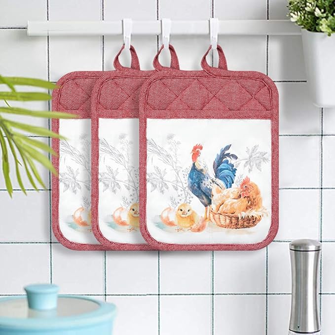 Pot Holders Set of 3 Silicone Printing Non Slip Heat Resistant, Yarm-Dyed Hot Pads Cotton Home Kitchen Cooking Barbecue Microwave Women Men Machine Washable BBQ Grilling. (Red Potholders)