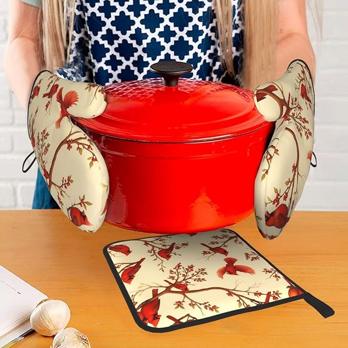 Red Cardinal Oven Mitts and Pot Holders Sets of 3, Non-Slip Christmas Heat Resistant Kitchen Gloves Hot Pad, Cardinal Gifts for Women, Rustic Christmas Kitchen Decor, Baking Cooking Grilling Gifts