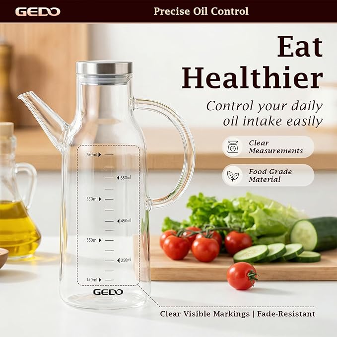 GEDO Borosilicate Glass Oil Dispenser, Eagle Beak Drip-Free Spout with Airtight Stainless Steel Lid, Measurement Markings & Ergonomic Handle, Multi-Purpose for Kitchen & Outdoor Picnic (0.58QT/550ml)