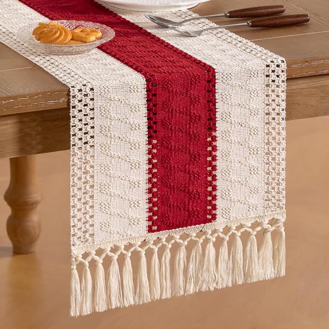 Socomi Boho Table Runner Macrame Long Easter Spring Farmhouse Woven Cotton Linen Rustic Coffee Table Runner with Tassels for Dresser Scarf Home Decor Dining Room 12x108 in Red Ivory