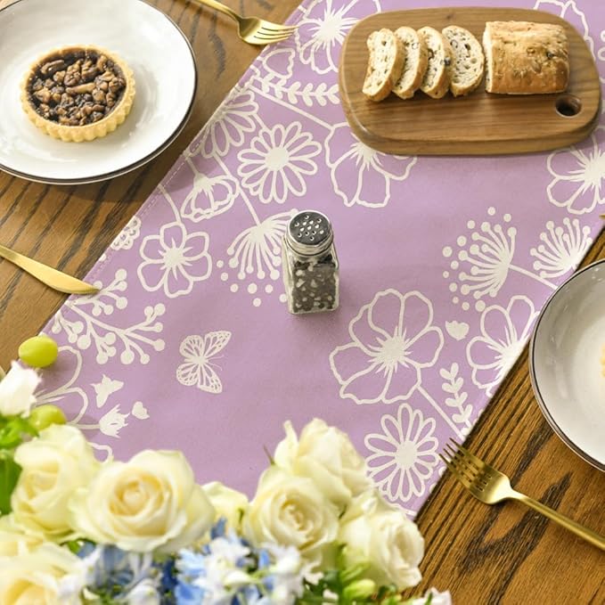 Artoid Mode Purple Bloom Flowers Butterfly Spring Table Runner,Seasonal Summer Kitchen Dining Table Decoration for Home Party Decor 13x72 Inch